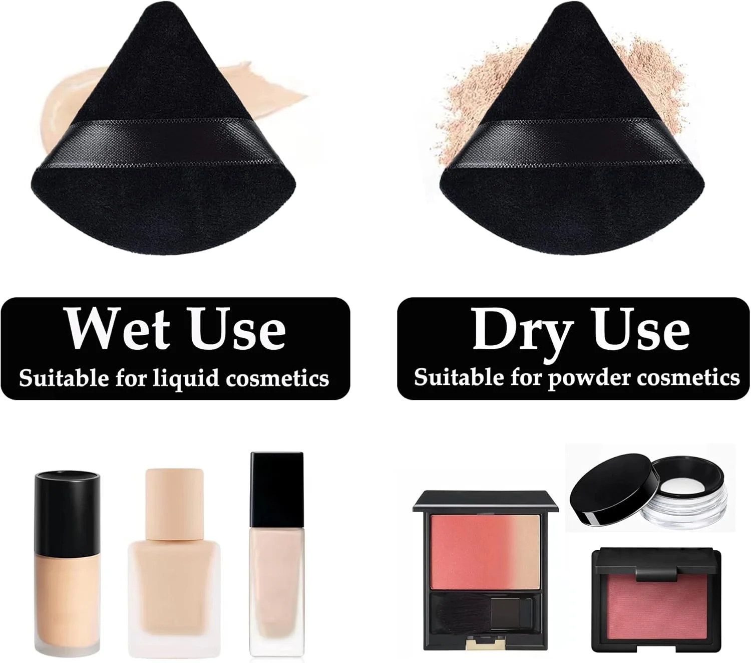 پد پودر آرایشی مثلثی CiciIng، بسته 4 عددی، پد پودری اسفنجی نرم برای پودر فیکس و کرم پودر، ابزار آرایشی خشک و مرطوب (مشکی)