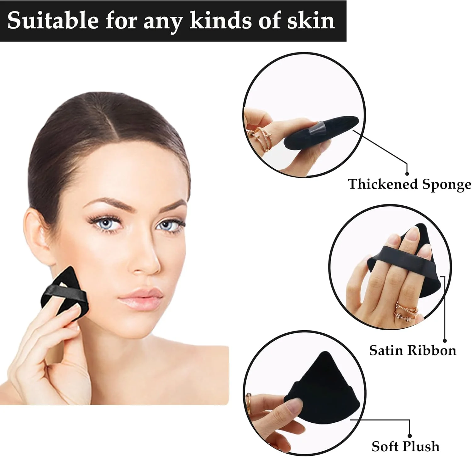 پد پودر آرایشی مثلثی CiciIng، بسته 4 عددی، پد پودری اسفنجی نرم برای پودر فیکس و کرم پودر، ابزار آرایشی خشک و مرطوب (مشکی)