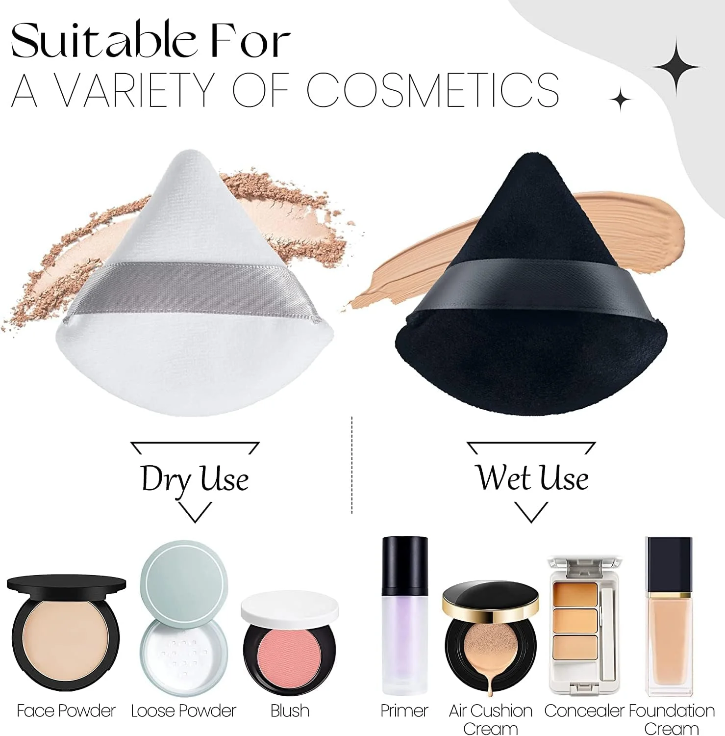 پد آرایشی مثلثی صورت برای پودر فیکس، پودر شل، اسفنج آرایشی نرم مناسب بدن، پودر معدنی، ابزار آرایش مرطوب و خشک (سیاه، سفید) - 6 عدد