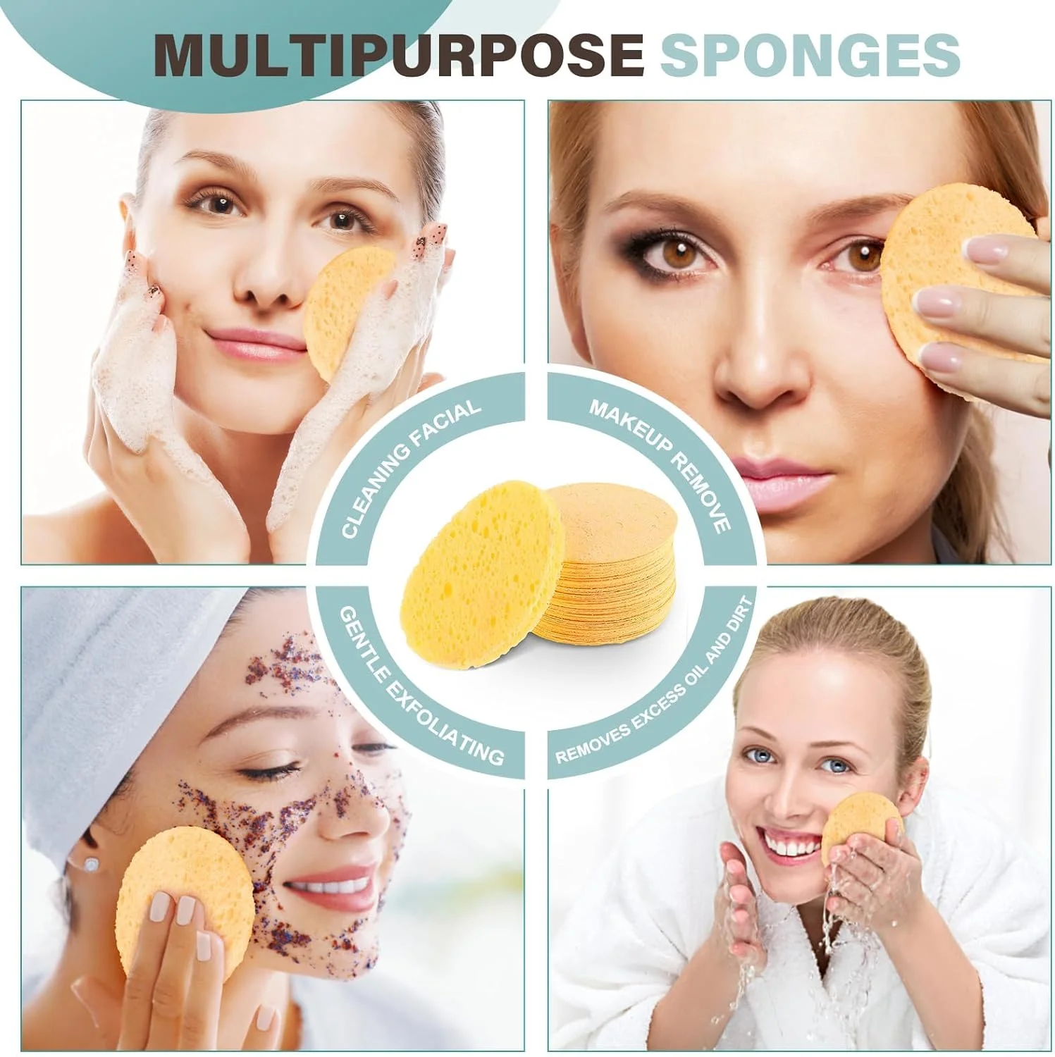 پدهای اسفنجی فشرده صورت 50 عددی برای شستشوی صورت، اسفنج لایه بردار برای روتین مراقبت از پوست و پاک کردن آرایش (زرد)