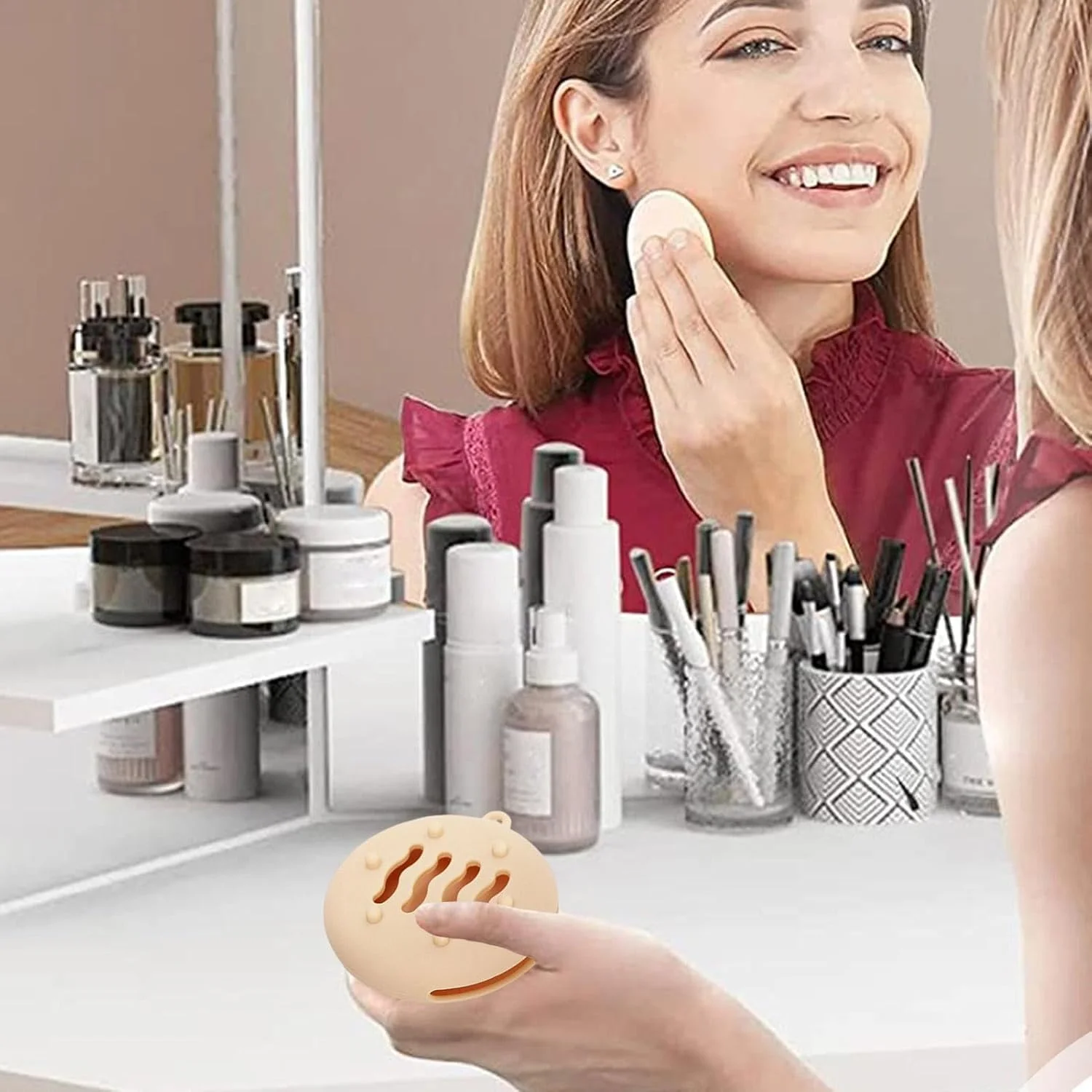 جا پودری سیلیکونی آرایشی 2 عددی، محفظه قابل حمل پودر، قابل شستشو، دو طرفه، دارای تهویه، مناسب برای نگهداری اسفنج های آرایشی در سفر