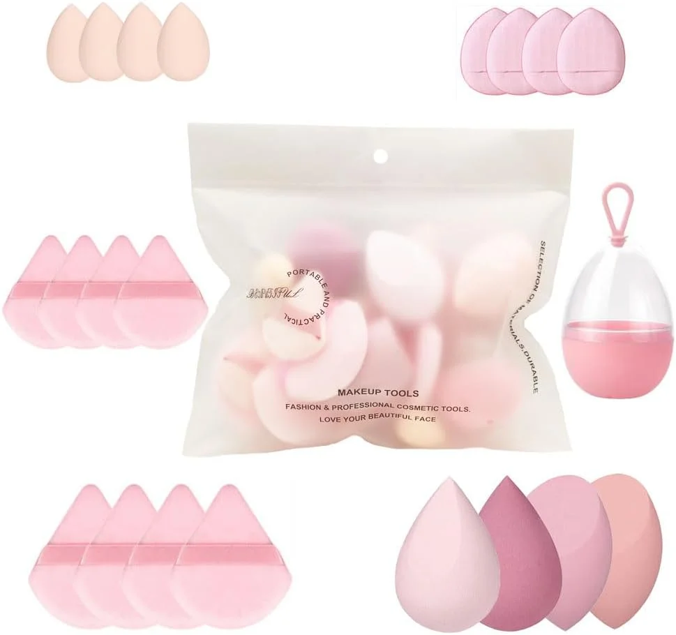 ست 21 عددی اسفنج آرایشی، تخم مرغی اسفنجی برای کرم های مایع، پودرها، پف آرایشی اسفنجی برای ترکیب فونداسیون، اسفنج آرایشی مرطوب و خشک بدون لاتکس