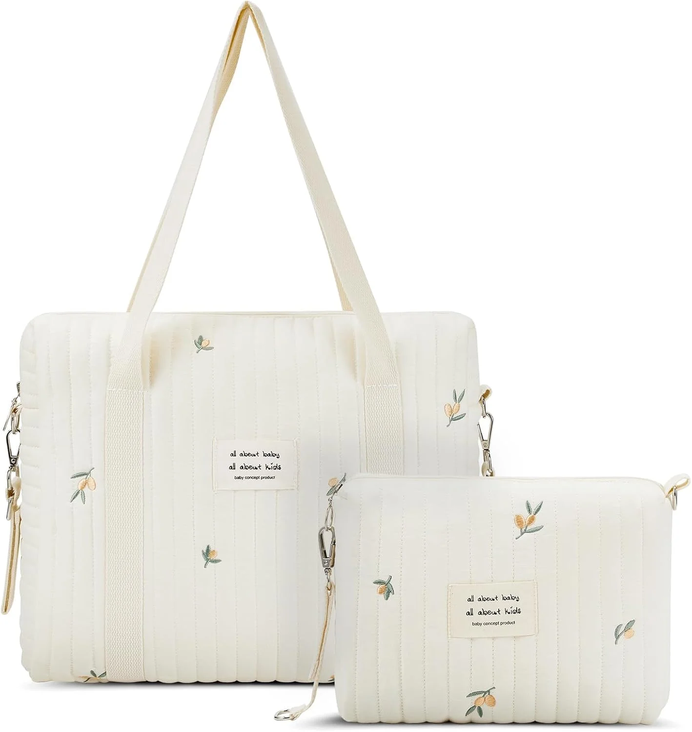 کیف لوازم کودک دو تکه - کیف چند لایه چند منظوره مادر با پنبه لحافی، طرح برگ زیتون، کیف نگهداری کالسکه، کیف لوازم کودک زیپ دار مسافرتی، کیف شانه کوچک، کیف بطری شیر