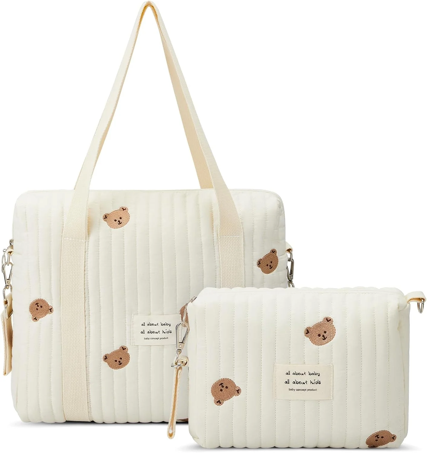 کیف لوازم کودک دو تکه - کیف چند لایه چند منظوره مادر با پنبه لحافی، طرح خرس زیبا، کیف نگهداری کالسکه، کیف پوشک زیپ دار مسافرتی، کیف شانه کوچک، کیف بطری شیر