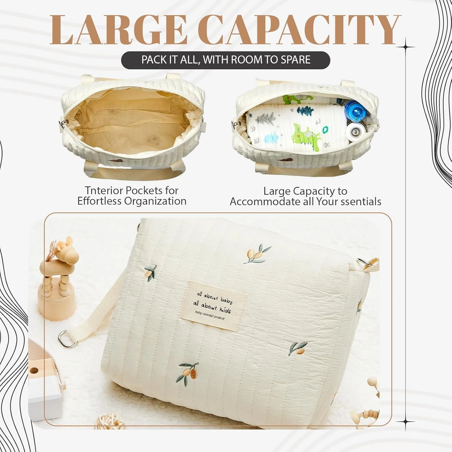 کیف لوازم کودک دو تکه - کیف چند لایه چند منظوره مادر با پنبه لحافی، طرح برگ زیتون، کیف نگهداری کالسکه، کیف لوازم کودک زیپ دار مسافرتی، کیف شانه کوچک، کیف بطری شیر