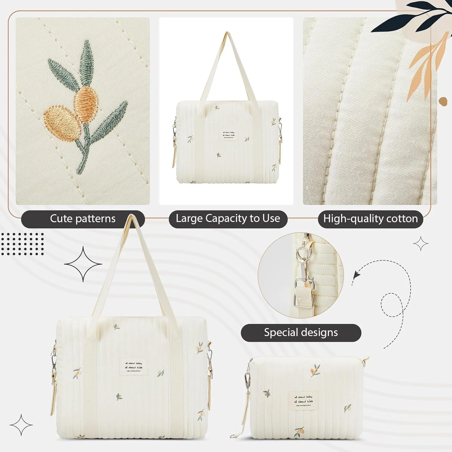کیف لوازم کودک دو تکه - کیف چند لایه چند منظوره مادر با پنبه لحافی، طرح برگ زیتون، کیف نگهداری کالسکه، کیف لوازم کودک زیپ دار مسافرتی، کیف شانه کوچک، کیف بطری شیر