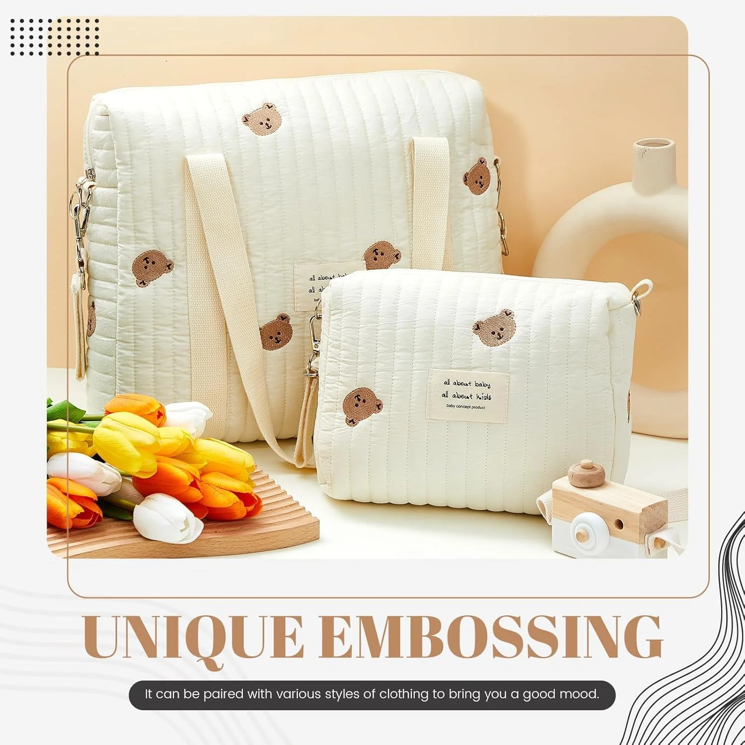 کیف لوازم کودک دو تکه - کیف چند لایه چند منظوره مادر با پنبه لحافی، طرح خرس زیبا، کیف نگهداری کالسکه، کیف پوشک زیپ دار مسافرتی، کیف شانه کوچک، کیف بطری شیر