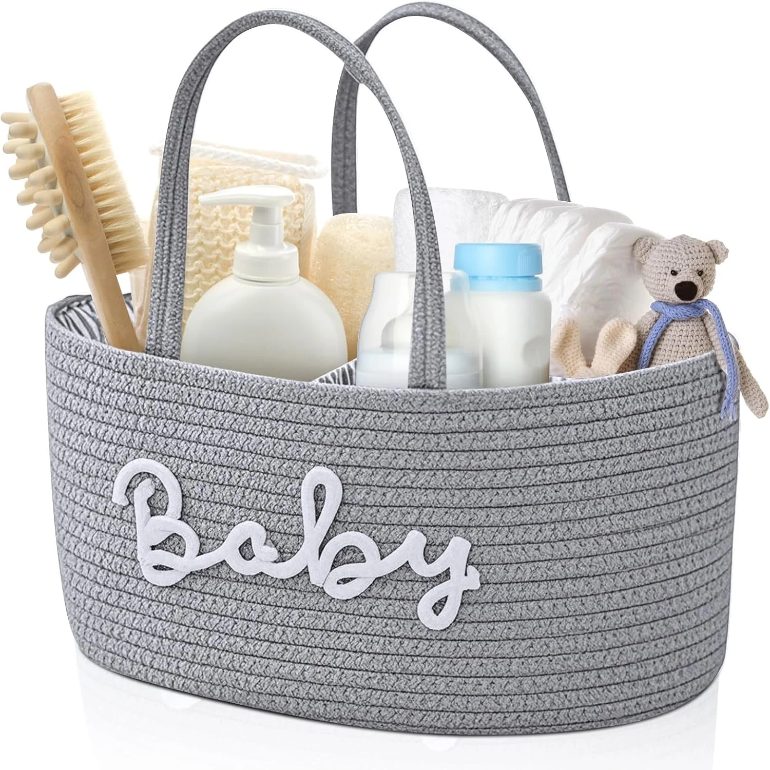 سبد طنابی پنبه ای اتاق کودک هومارکت، سازمان دهنده میز تعویض برای نگهداری پوشک کودک، سازمان دهنده قابل حمل خودرو با جداکننده جداشدنی، هدیه سیسمونی (خاکستری روشن)