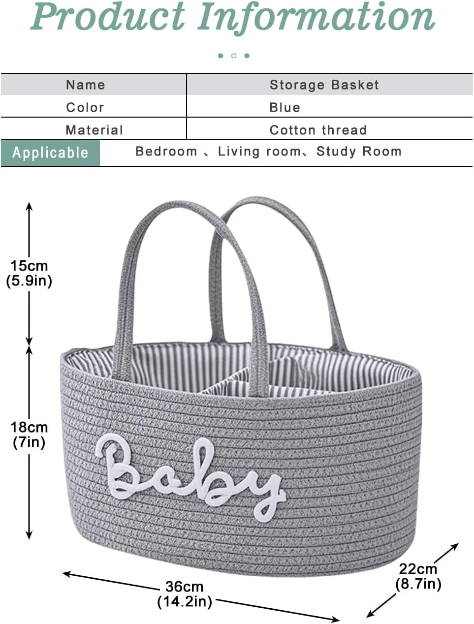 سبد طنابی پنبه ای اتاق کودک هومارکت، سازمان دهنده میز تعویض برای نگهداری پوشک کودک، سازمان دهنده قابل حمل خودرو با جداکننده جداشدنی، هدیه سیسمونی (خاکستری روشن)