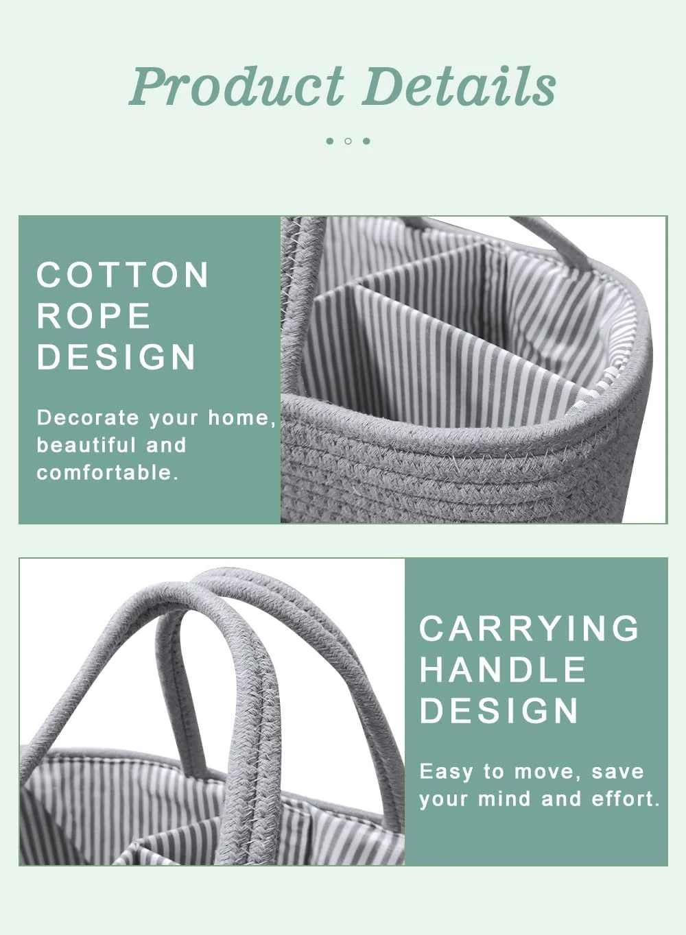 سبد طنابی پنبه ای اتاق کودک هومارکت، سازمان دهنده میز تعویض برای نگهداری پوشک کودک، سازمان دهنده قابل حمل خودرو با جداکننده جداشدنی، هدیه سیسمونی (خاکستری روشن)