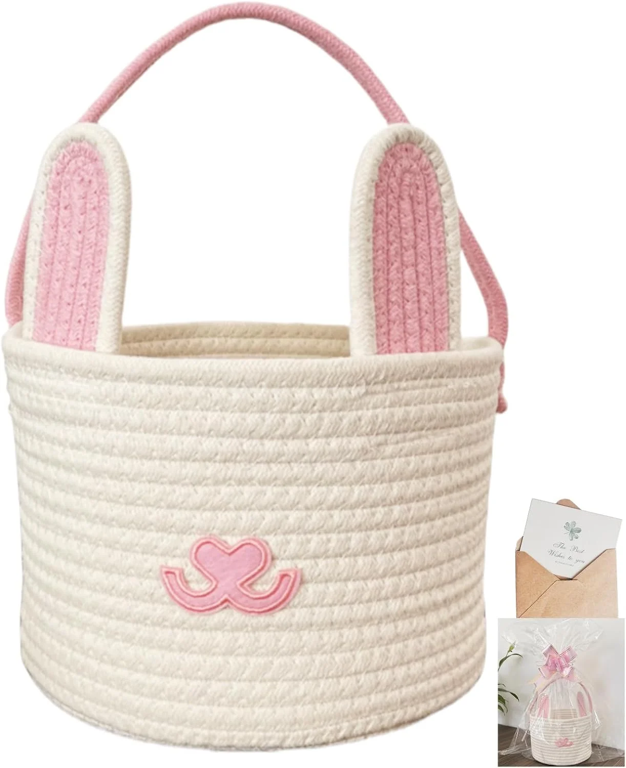سبد عید پاک فانتزی، طرح خرگوش طناب پنبه ای بافته شده، به همراه کیسه های هدیه و روبان، ایده آل برای دختران، پسران، کودکان نوپا و نوزادان - آبی (صورتی)