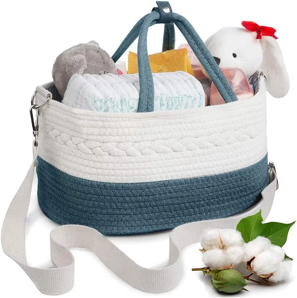 ارگانایزر لوازم کودک هومارکت، سبد ذخیره سازی طناب پنبه ای برای میز تعویض و ماشین، هدیه برای جشن سیسمونی (آبی و سفید)