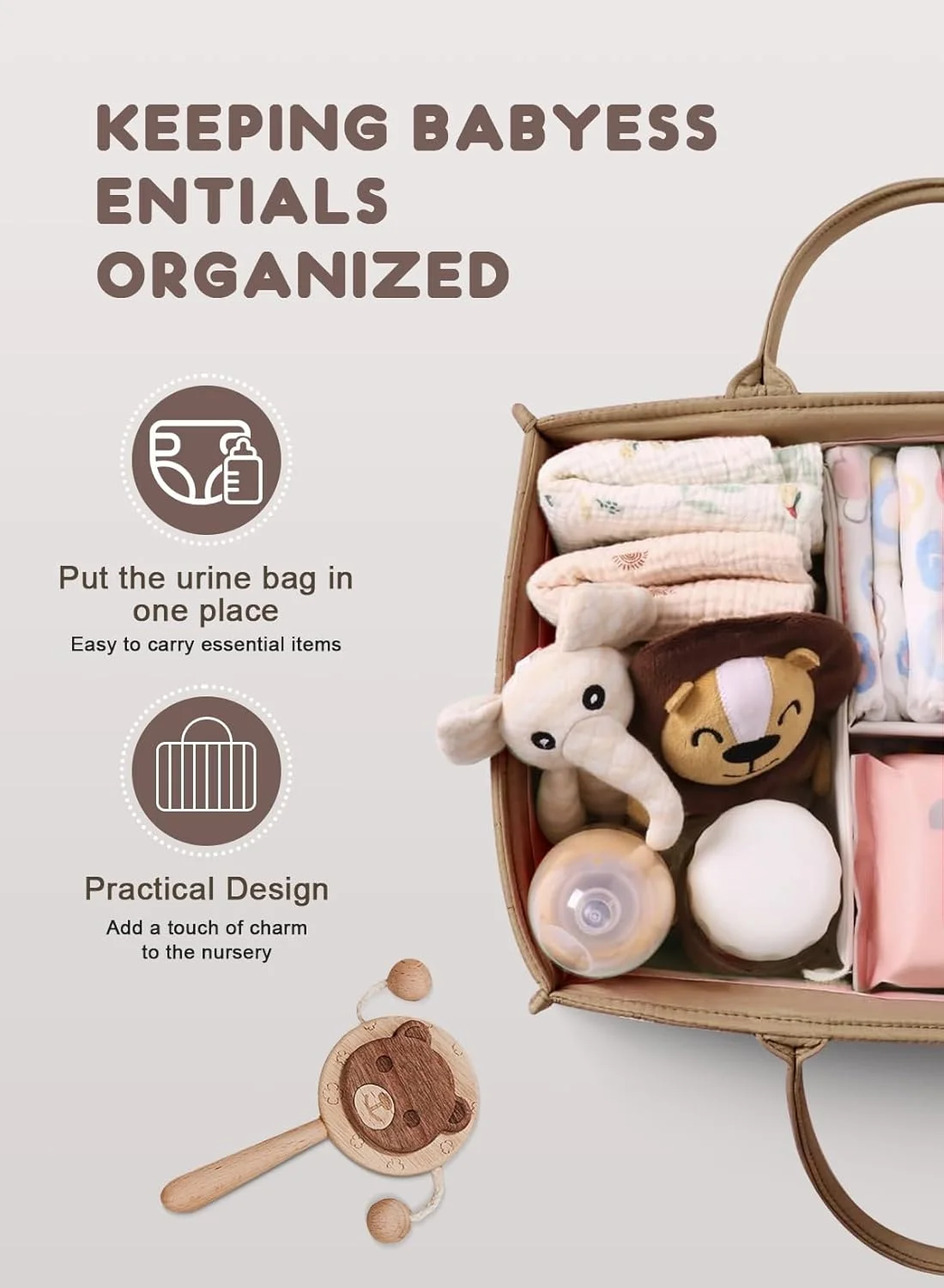 سبد لوازم کودک Homarket، سبد نظم دهنده شیک لوازم کودک، سبد ذخیره سازی پوشک - هدیه مناسب سیسمونی نوزاد (خاکی)