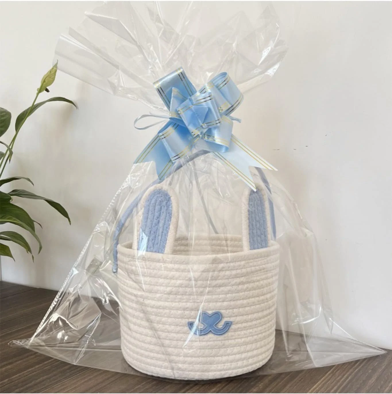 سبد عید پاک فانتزی، طرح خرگوش طناب پنبه ای بافته شده، به همراه کیسه های هدیه و روبان، ایده آل برای دختران، پسران، کودکان نوپا و نوزادان - آبی (صورتی)