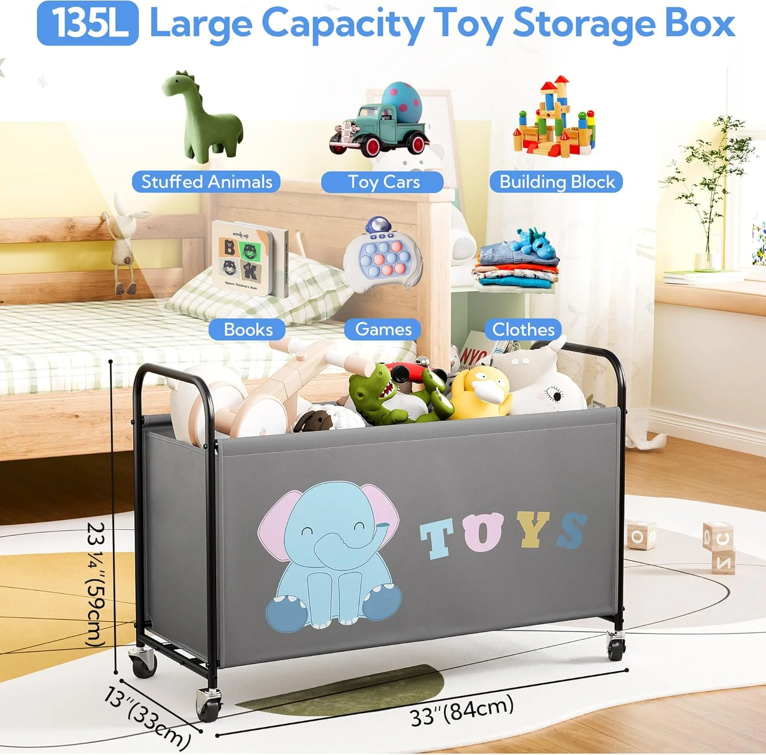 صندوق اسباب بازی چرخ دار گرنی سیز، سازمان دهنده ذخیره سازی اسباب بازی فوق العاده بزرگ 135 لیتری، جعبه فلزی ذخیره سازی اسباب بازی برای اسباب بازی های کودکان، سطل اسباب بازی کودکان نوپا برای سازماندهی اتاق بازی مهد کودک، اسباب بازی های پولیش نوزاد، خاکستری