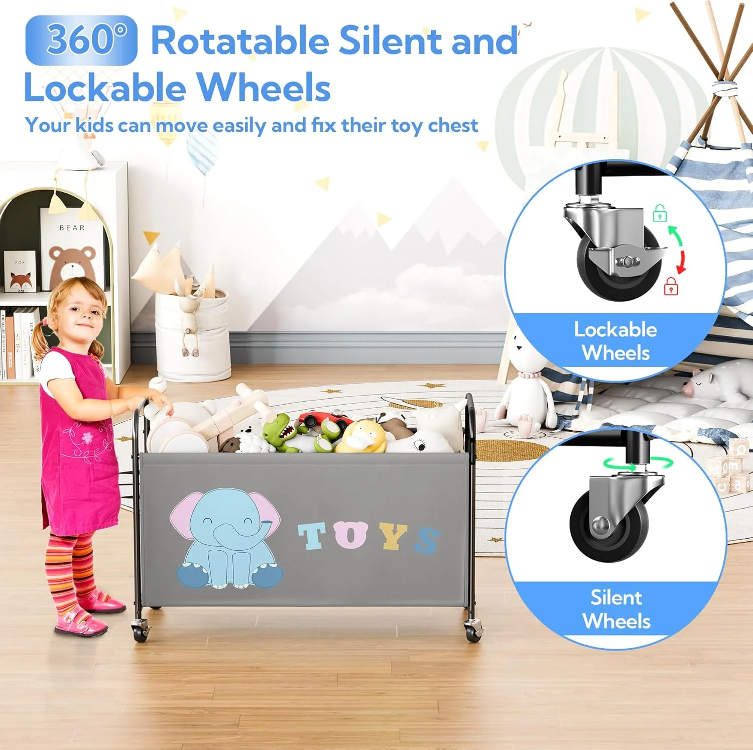 صندوق اسباب بازی چرخ دار گرنی سیز، سازمان دهنده ذخیره سازی اسباب بازی فوق العاده بزرگ 135 لیتری، جعبه فلزی ذخیره سازی اسباب بازی برای اسباب بازی های کودکان، سطل اسباب بازی کودکان نوپا برای سازماندهی اتاق بازی مهد کودک، اسباب بازی های پولیش نوزاد، خاکستری