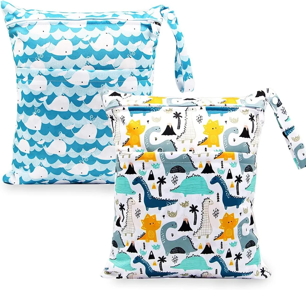 مجموعه 2 عددی کیف خشک و تر PawPawU®، ضد آب و قابل استفاده مجدد برای پوشک پارچه ای کودک، لباس شنا، لباس ورزشی، لوازم بهداشتی یوگا، مسافرت، قطعات پمپ سینه و موارد دیگر (نهنگ و دایناسور)