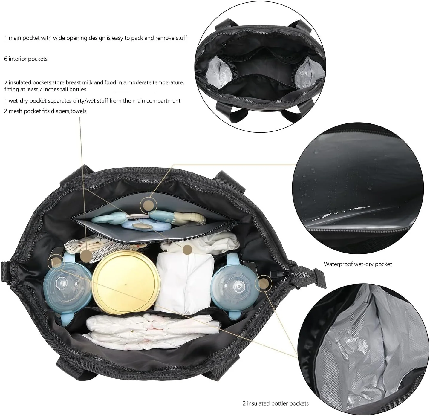 کیف لوازم کودک، کیف جادار ضد آب، کیف شیک لوازم کودک مشکی چرم مصنوعی، کیف بیمارستانی، کیف بزرگ مادر، به همراه کیف خیس و آویز کالسکه