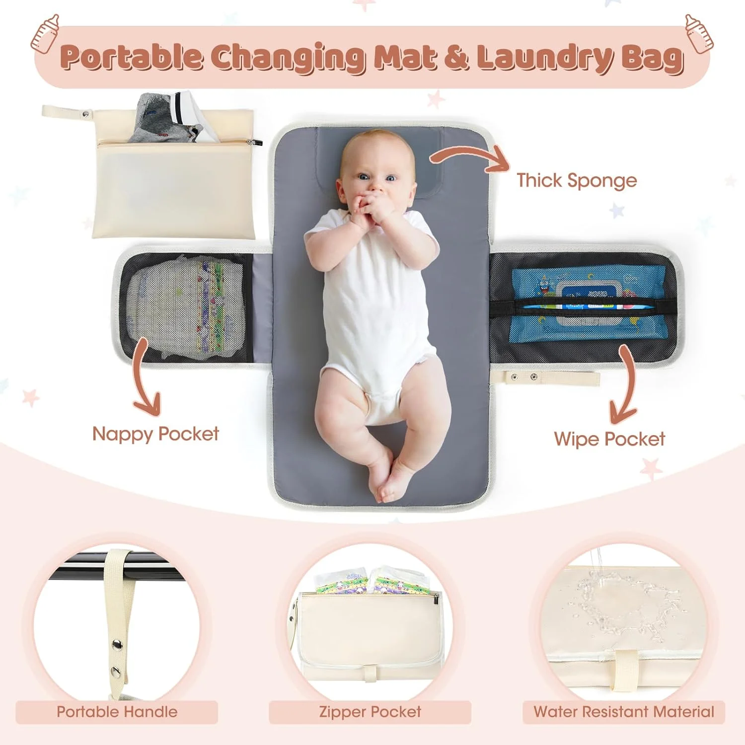 کیف کوله پشتی تعویض پوشک کودک RAINSMORE با زیرانداز تعویض قابل حمل، ضد آب، چند منظوره، کوله پشتی بزرگ برای مادر و پدر