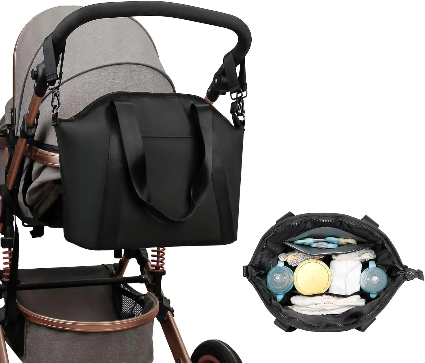 کیف لوازم کودک، کیف جادار ضد آب، کیف شیک لوازم کودک مشکی چرم مصنوعی، کیف بیمارستانی، کیف بزرگ مادر، به همراه کیف خیس و آویز کالسکه