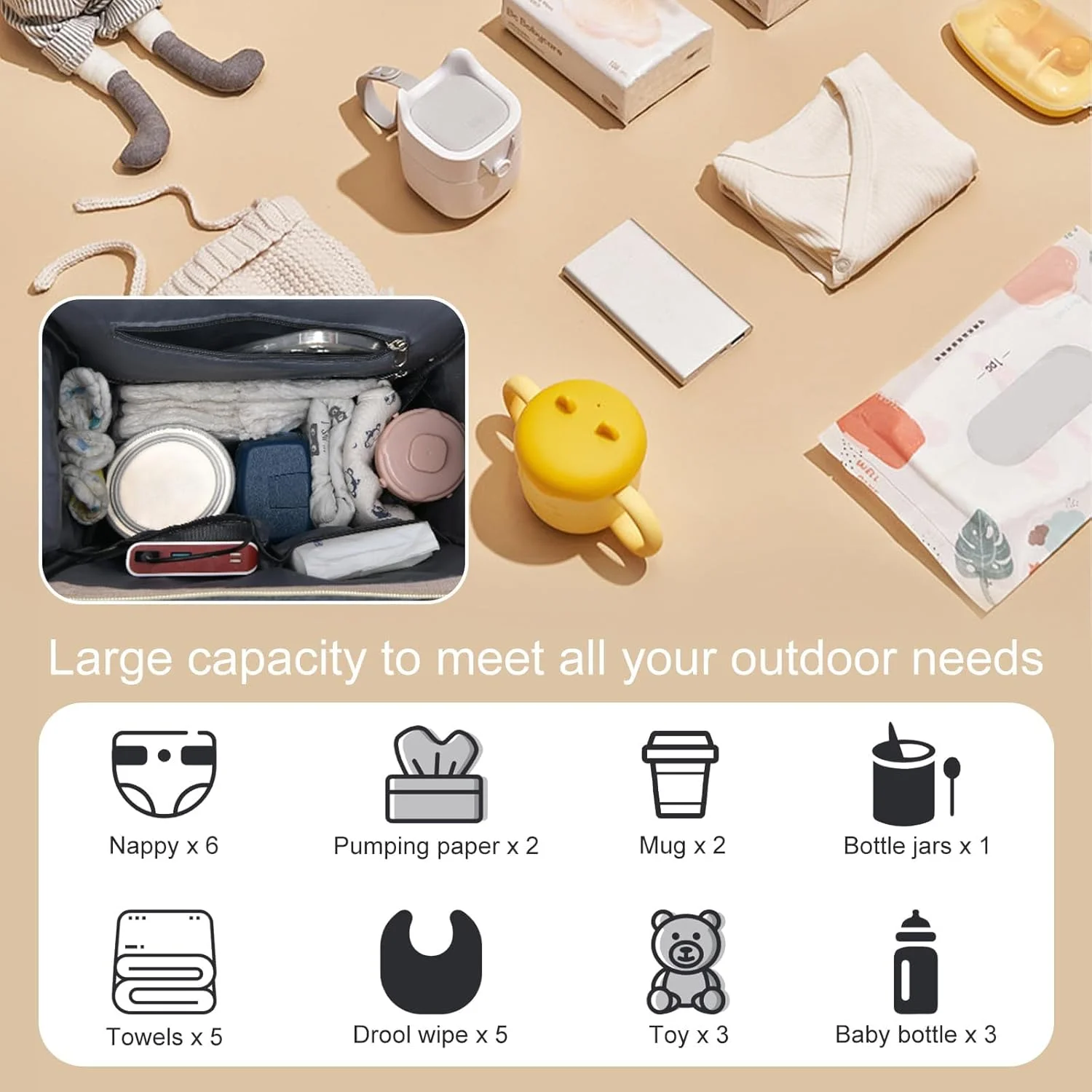 کیف لوازم کودک ناواوکینی، کوله پشتی چند منظوره ضد آب برای سفر، کیف پوشک با زیرانداز تعویض قابل حمل و تخت تاشو، کیف مسافرتی کودک برای مادر و پدر (خاکستری)