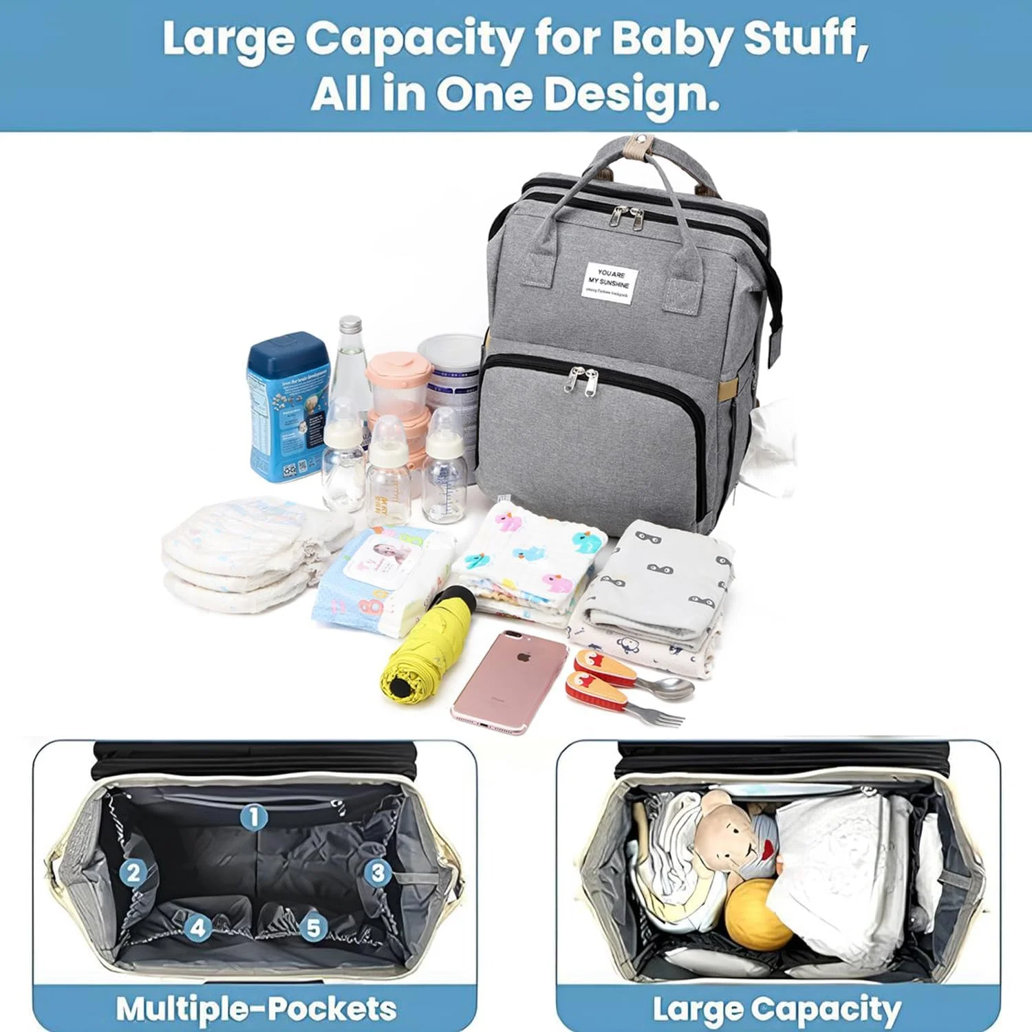 کیف چند منظوره مادر، تخت نوزاد قابل حمل، کیف لوازم کودک 3 در 1 چند منظوره با بندهای کالسکه و زیرانداز تعویض، کوله پشتی ضد آب برای مادر/پدر نوزاد