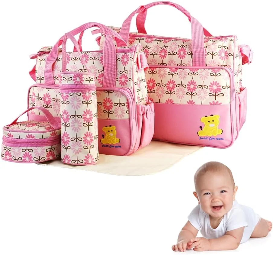 ست کیف لوازم کودک 5 تکه چند منظوره، کیف دستی مادر آژونه، ست تعویض، سازمان دهنده سبد پوشک قابل حمل، کیف لوازم کودک برای دختران و پسران (صورتی) ست کیف لوازم کودک 5 تکه چند منظوره، کیف دستی مادر آژونه، ست تعویض، سازمان دهنده سبد پوشک قابل حمل، کیف لوازم کودک برای دختران و پسران (صورتی)