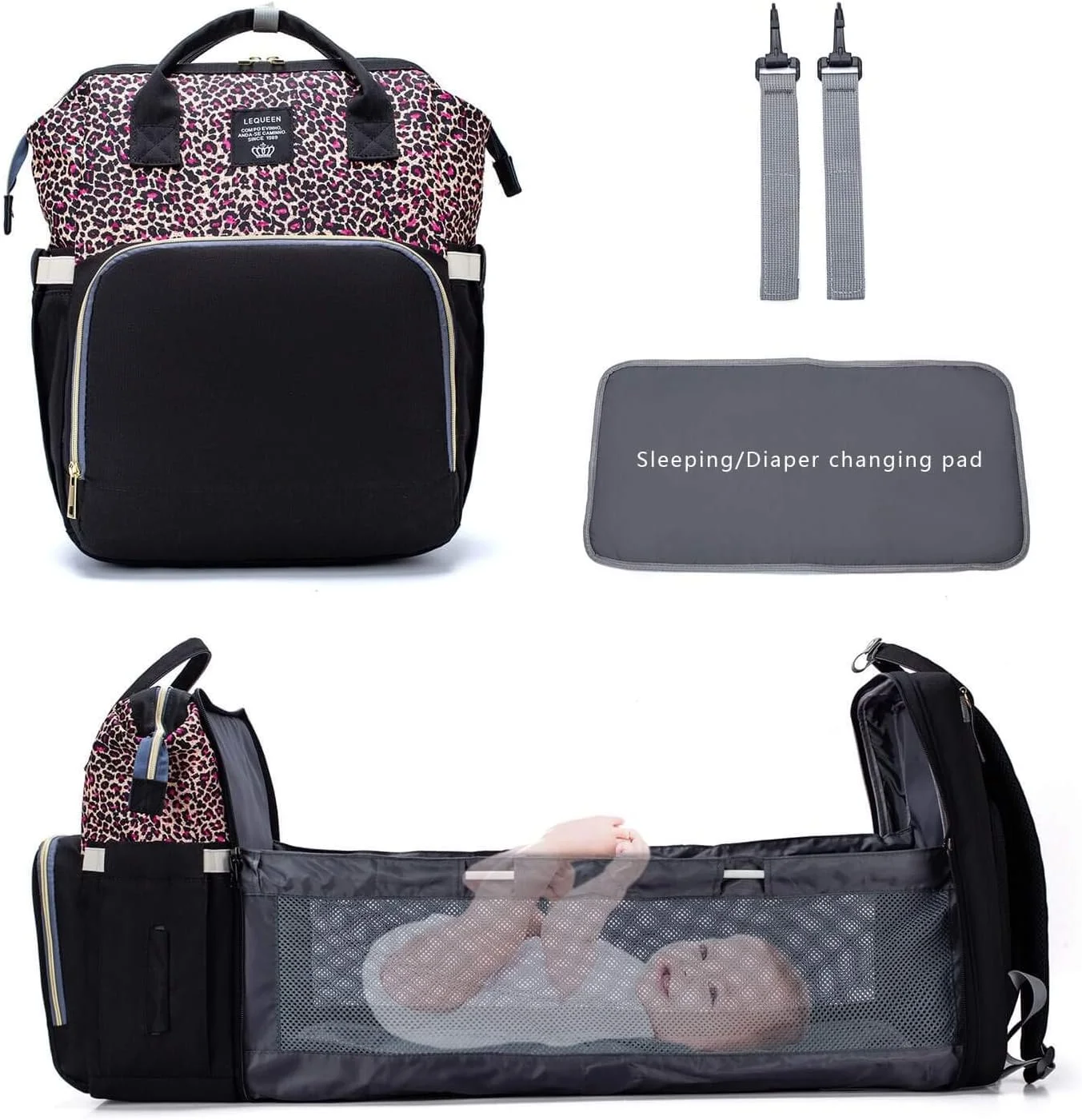 کیف لوازم مادر و کودک 3 در 1 چند منظوره، کوله پشتی تاشو تخت نوزاد با قلاب و پد تعویض، کیف گهواره ای به عنوان کیف پوشک و ایستگاه تعویض، برای استراحت نوزاد در هر زمان (پلنگی-صورتی) کیف لوازم مادر و کودک 3 در 1 چند منظوره، کوله پشتی تاشو تخت نوزاد با قلاب و پد تعویض، کیف گهواره ای به عنوان کیف پوشک و ایستگاه تعویض، برای استراحت نوزاد در هر زمان (پلنگی-صورتی)