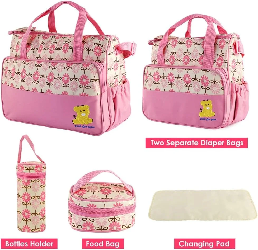 ست کیف لوازم کودک 5 تکه چند منظوره، کیف دستی مادر آژونه، ست تعویض، سازمان دهنده سبد پوشک قابل حمل، کیف لوازم کودک برای دختران و پسران (صورتی)