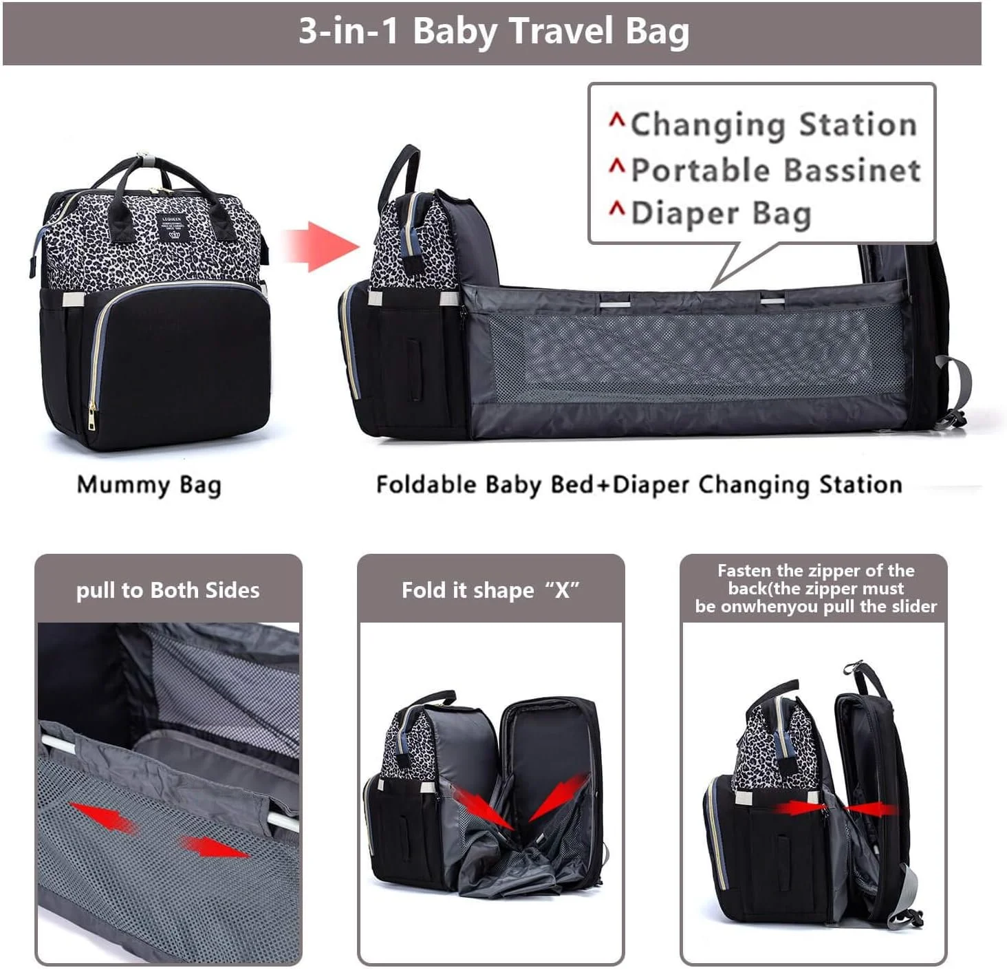 کیف لوازم مادر و کودک 3 در 1 چند منظوره، کوله پشتی تاشو تخت نوزاد با قلاب و پد تعویض، کیف گهواره ای به عنوان کیف پوشک و ایستگاه تعویض، برای استراحت نوزاد در هر زمان (پلنگی-صورتی)