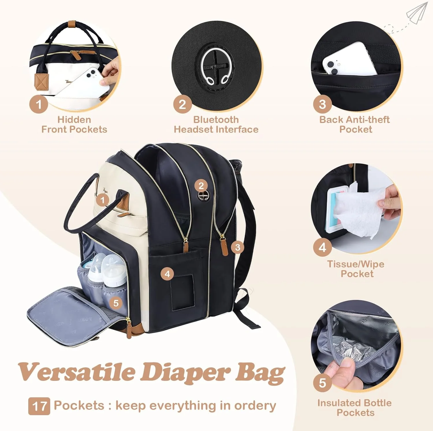 کیف لوازم کودک توکیکیمو، کوله پشتی تعویض پوشک با زیرانداز تعویض، کیف بزرگ جادار با قابلیت افزایش فضا، دارای بند اتصال به کالسکه، مناسب برای سفر (مشکی)