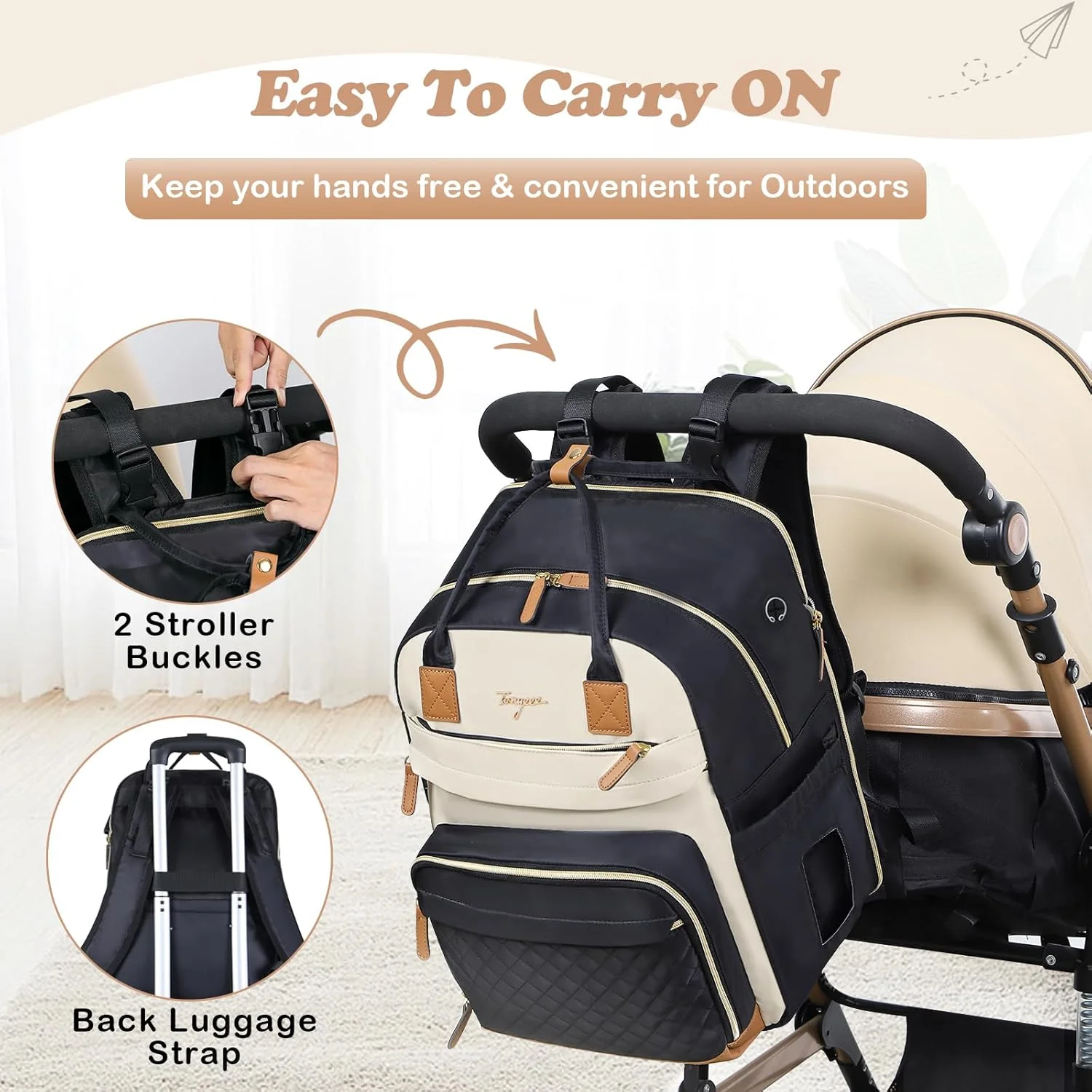 کیف لوازم کودک توکیکیمو، کوله پشتی تعویض پوشک با زیرانداز تعویض، کیف بزرگ جادار با قابلیت افزایش فضا، دارای بند اتصال به کالسکه، مناسب برای سفر (مشکی)