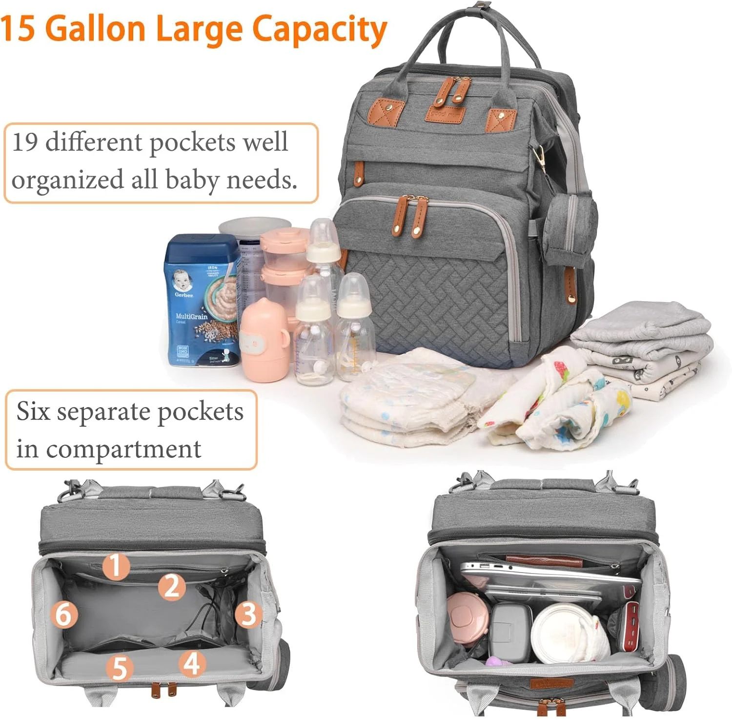 کیف پوشک بچه ضد آب با ایستگاه تعویض - کیف مسافرتی بزرگ برای مادران و پدران با پورت شارژ USB - شیک برای والدین جدید - چند منظوره (خاکستری)