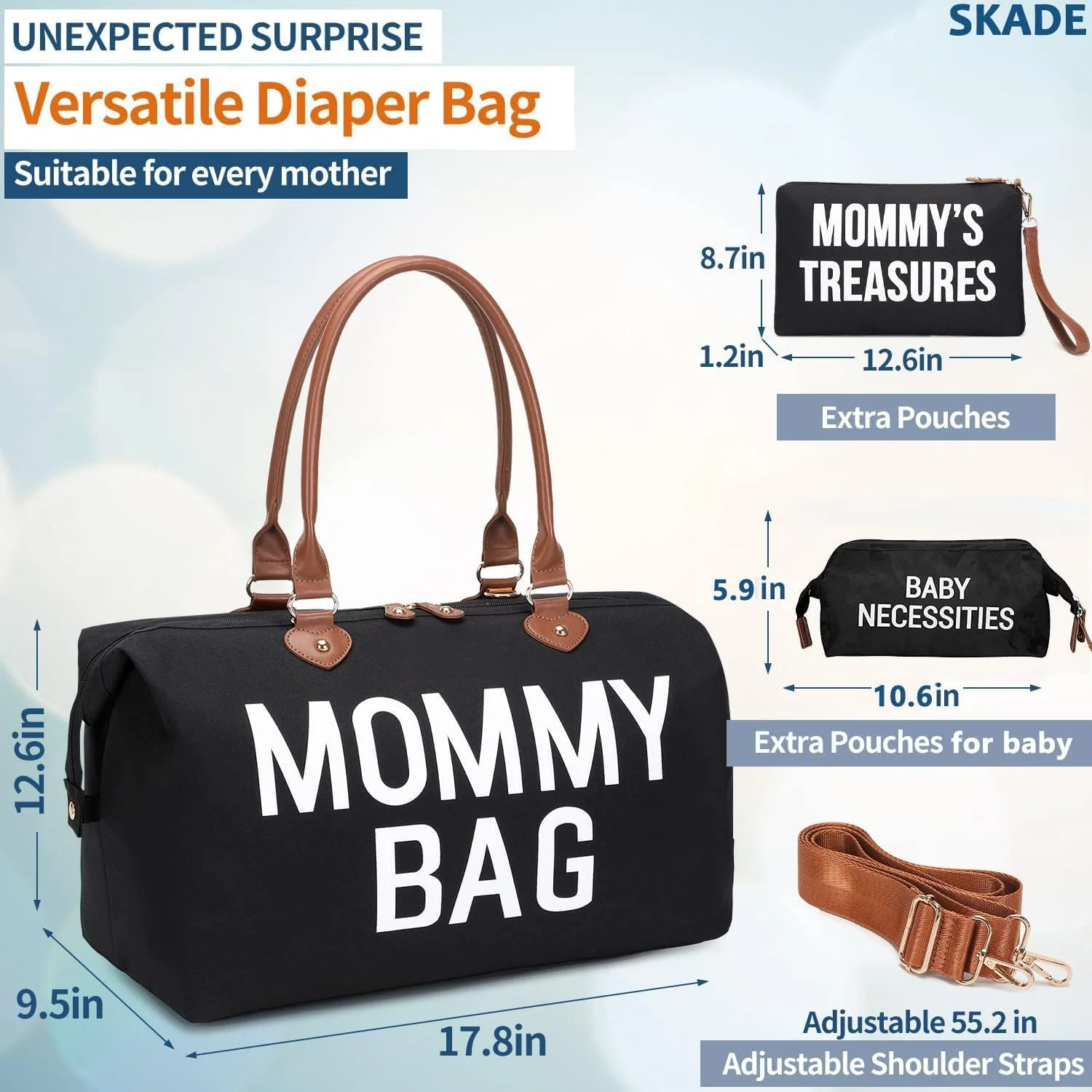 SKADE Upgraded version Mommy Bag for Hospital, X-Large Capacity Waterproof Diaper Bag Tote for Mom Travel, Hospital Bag for Labor and Delivery with 2 Pouches, Straps (Black)
