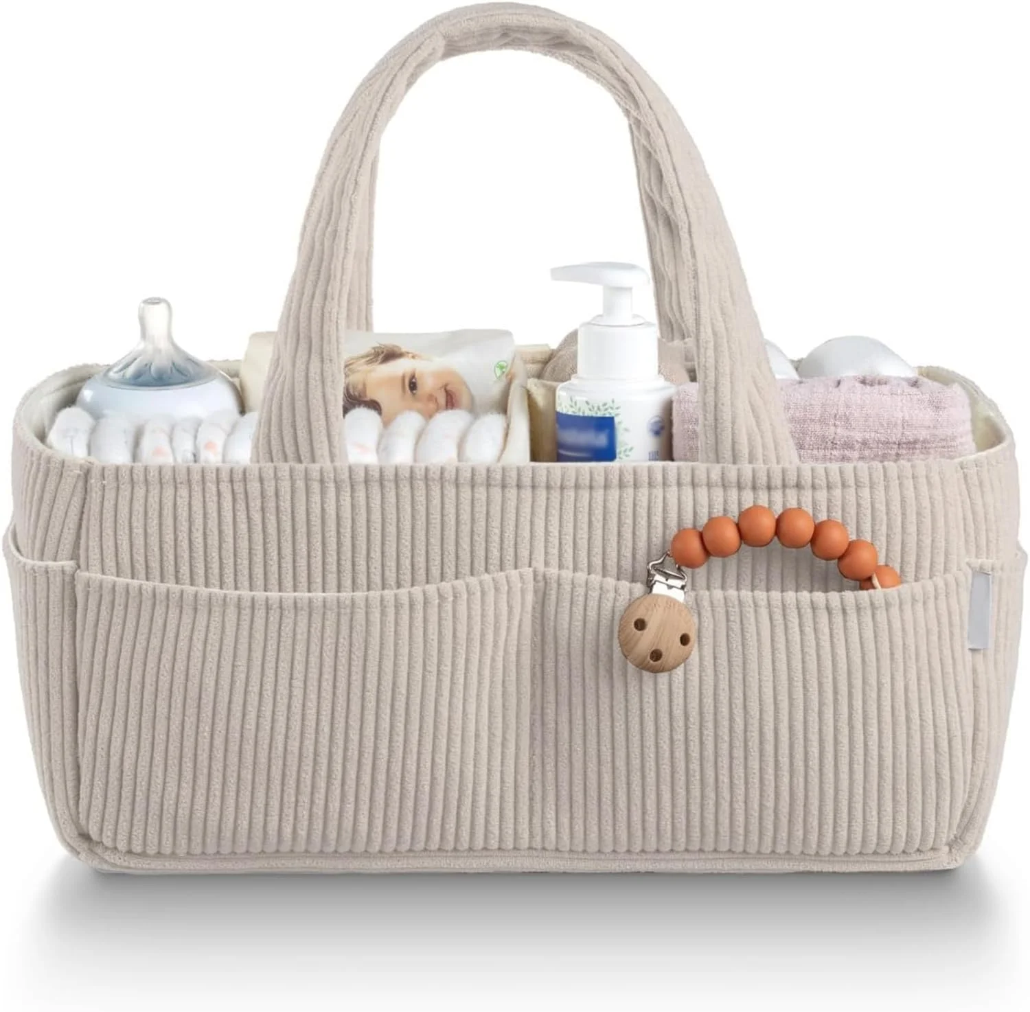 ارگنایزر لوازم کودک برای میز تعویض - سبد نگهداری قابل حمل، لوازم ضروری نوزاد، هدیه سیسمونی برای پسر یا دختر، کرم مخملی