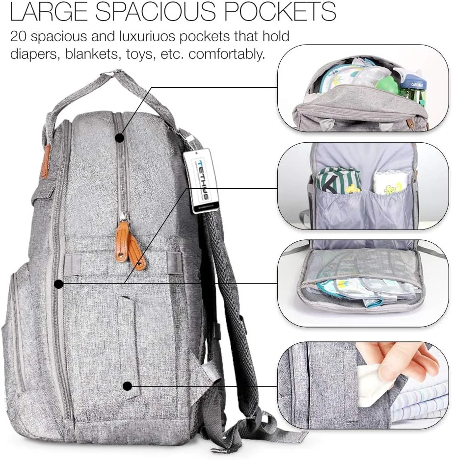 کیف لوازم کودک کوله پشتی TETHYS [کوله پشتی مسافرتی چند منظوره ضد آب] کیف تعویض پوشک نوزاد مناسب برای مادر و پدر، ظرفیت بزرگ و سازمان دهنده شیک برای مراقبت از کودک - خاکستری