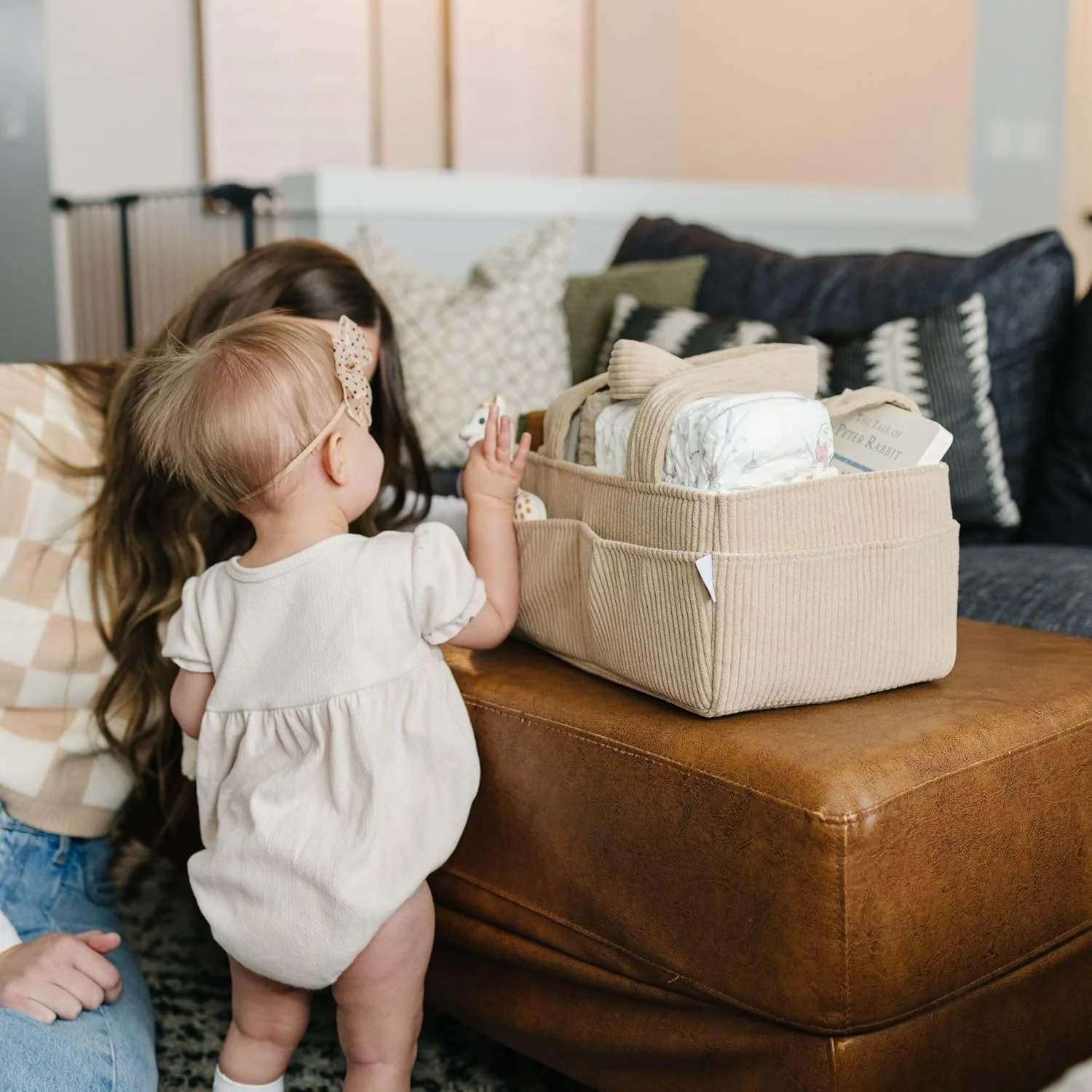 ارگنایزر لوازم کودک برای میز تعویض - سبد نگهداری قابل حمل، لوازم ضروری نوزاد، هدیه سیسمونی برای پسر یا دختر، کرم مخملی