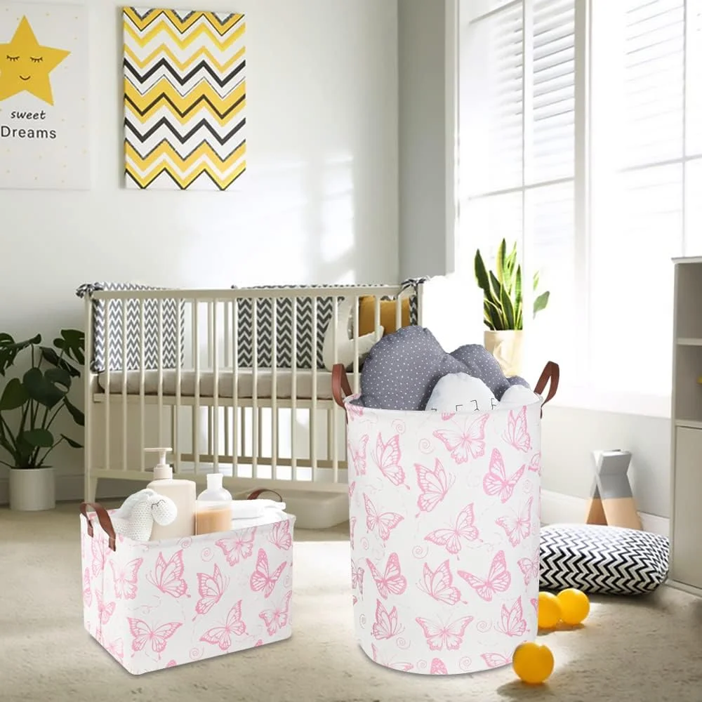 سبد لباس صورتی CLOCOR، سبد لباس ضد آب برای اتاق کودک دخترانه، سبدهای نگهداری تاشو برای اتاق خواب دخترانه، سطل اسباب بازی کودک، دکور اتاق، سبد هدیه (پروانه صورتی)