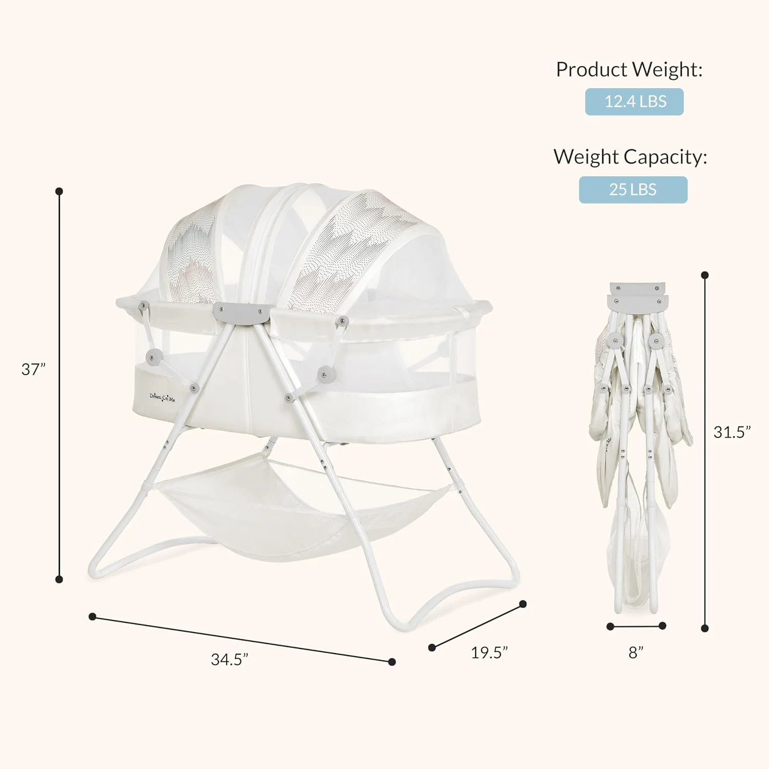 گهواره نوزاد Dream On Me مدل Karley، رنگ سفید کبوتر، گهواره سبک و قابل حمل، تاشو سریع و حمل آسان، دارای سایبان دوتایی قابل تنظیم، گهواره مناسب فضای داخلی و خارجی با سبد بزرگ ذخیره سازی.
