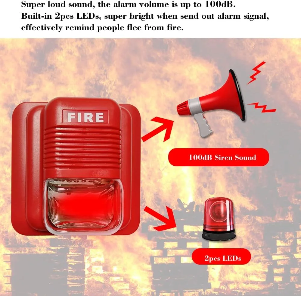 Fawoonu Fire Alarm Warning Strobe Siren Horn Sound & Strobe Alert Security System for Home Office Hotel Restaurant Fawoonu Fire Alarm Warning Strobe Siren Horn Sound & Strobe Alert Security System for Home Office Hotel Restaurant