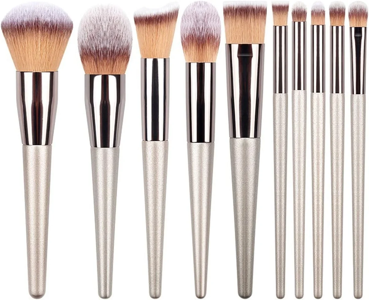 ست برس آرایشی 10 عددی شامپاین WANAM، موهای نرم، ابزار آرایش زنانه، برس فونداسیون، برس مژه، کیت سایه چشم، ابزار آرایشی