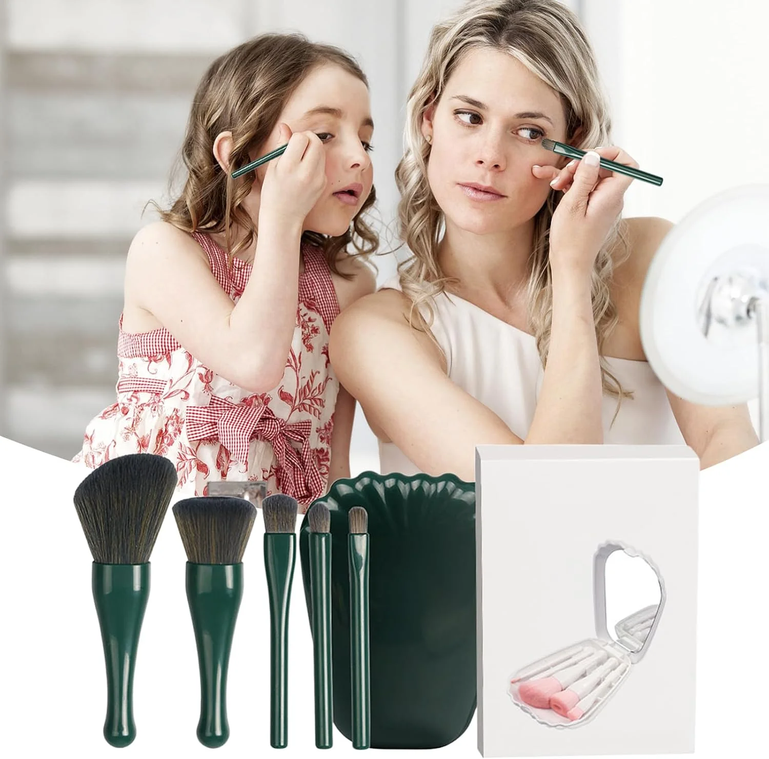 ست برس آرایشی مسافرتی | برس آرایش با جعبه آینه دار - ابزار حرفه ای و جمع و جور برای کانسیلر، رژگونه، رژ لب، پودر فیکس، سایه چشم و کرم پودر