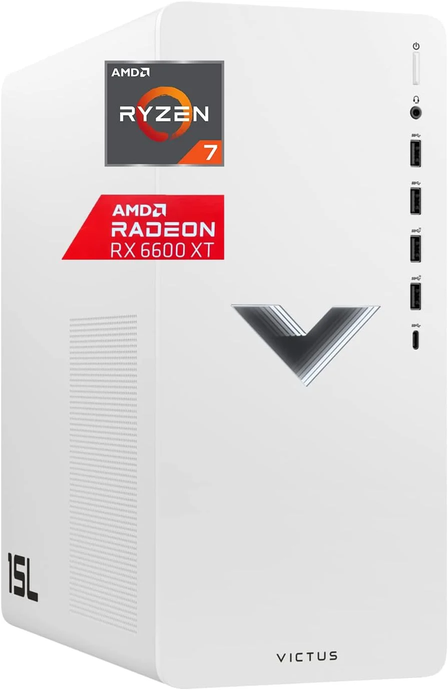کامپیوتر گیمینگ رومیزی HP Victus 15L مدل 2022، پردازنده AMD Ryzen 7 5700G، کارت گرافیک AMD Radeon RX 6600XT، رم 16 گیگابایتی DDR4، حافظه SSD PCIe 1 ترابایتی، کیبورد و ماوس سیمی، Wi-Fi 6، ویندوز 11 هوم، سفید