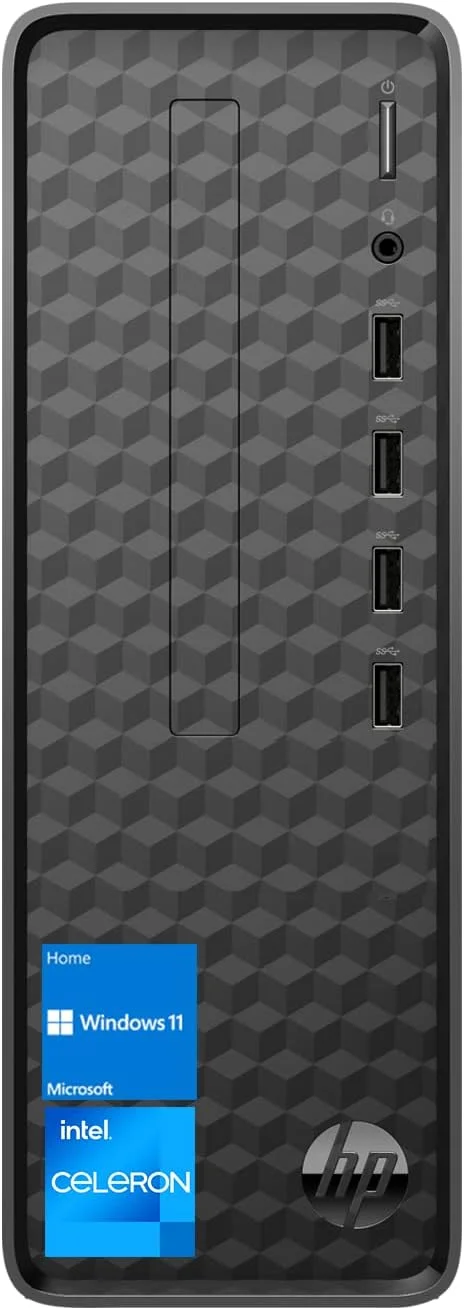 کامپیوتر رومیزی باریک HP، پردازنده Intel Celeron J4025، رم 16 گیگابایت، 128 گیگابایت PCIe SSD + 1 ترابایت HDD، HDMI، RJ-45، Wi-Fi، بلوتوث، کیبورد و ماوس سیمی، Windows 11 Home، مشکی