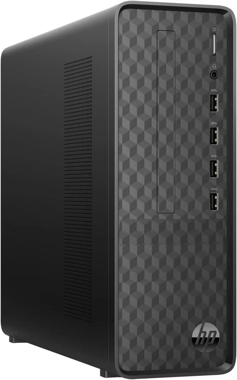 کامپیوتر رومیزی باریک HP، پردازنده Intel Celeron J4025، رم 16 گیگابایت، 128 گیگابایت PCIe SSD + 1 ترابایت HDD، HDMI، RJ-45، Wi-Fi، بلوتوث، کیبورد و ماوس سیمی، Windows 11 Home، مشکی