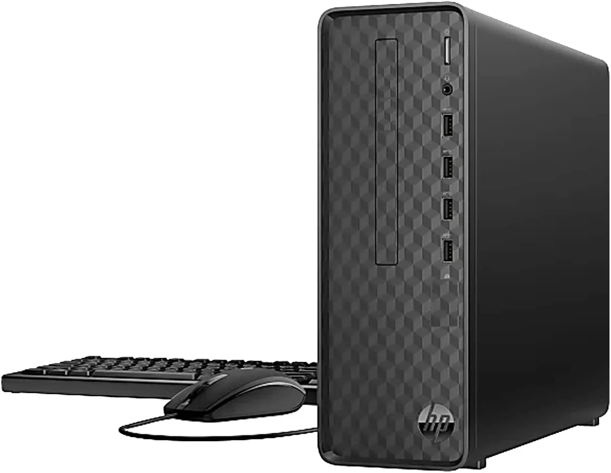 کامپیوتر رومیزی باریک HP، پردازنده Intel Celeron J4025، رم 16 گیگابایت، 128 گیگابایت PCIe SSD + 1 ترابایت HDD، HDMI، RJ-45، Wi-Fi، بلوتوث، کیبورد و ماوس سیمی، Windows 11 Home، مشکی