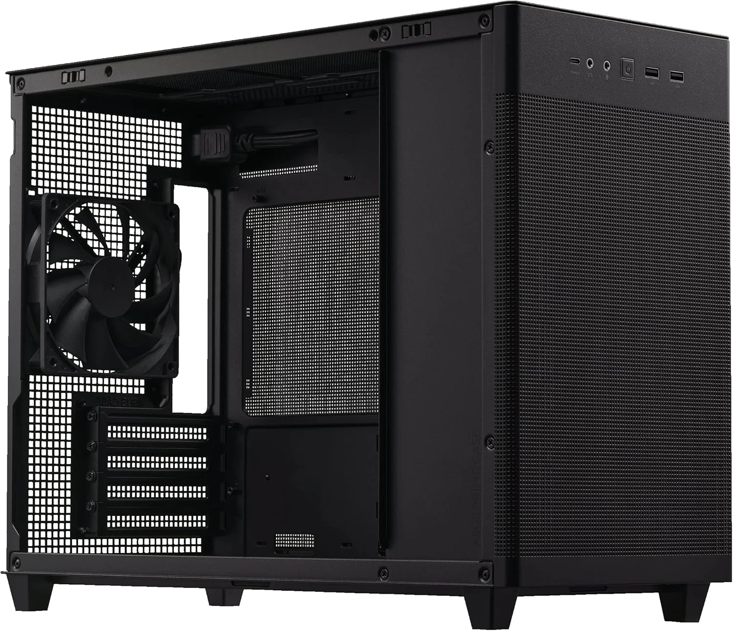 کیس مشکی ASUS Prime AP201 MicroATX با حجم 33 لیتر، پنل‌های جانبی بدون نیاز به ابزار و توری شبه فیلتر، با پشتیبانی از کولرهای 360 میلی‌متری، کارت گرافیک تا طول 338 میلی‌متر و پاورهای استاندارد ATX