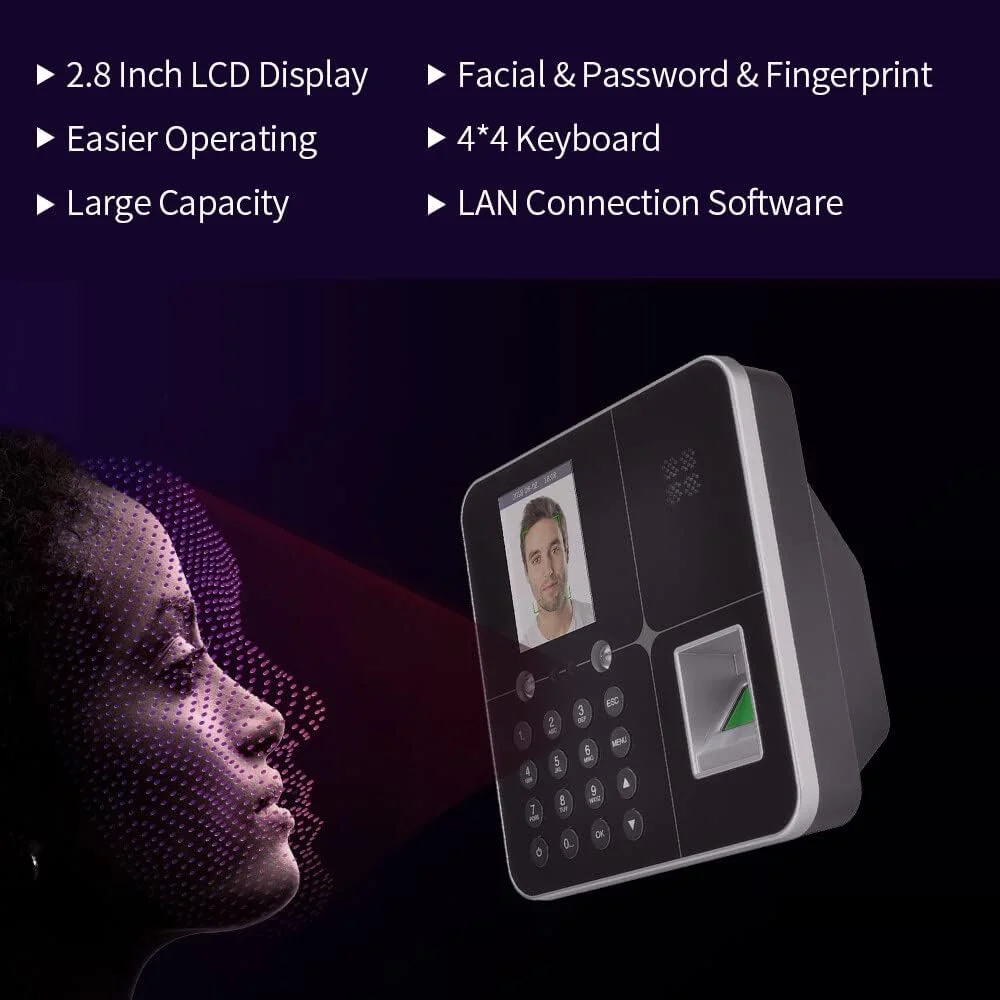 دستگاه حضور و غیاب تشخیص چهره، رمز عبور و اثر انگشت Fawoonu، ظرفیت بالا، اتصال LAN، نرم افزار، صفحه نمایش LCD 2.8 اینچی، دوشاخه UK