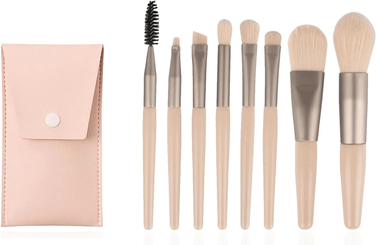 ست برس آرایشی مسافرتی (8 تکه)، ست برس آرایشی مینی، برس های قابل حمل ریل تکنیک، کیت برس آرایشی سایز مسافرتی با کیف آرایشی برای کرم پودر، سایه چشم، رژگونه، کانتور و کانسیلر (بژ)