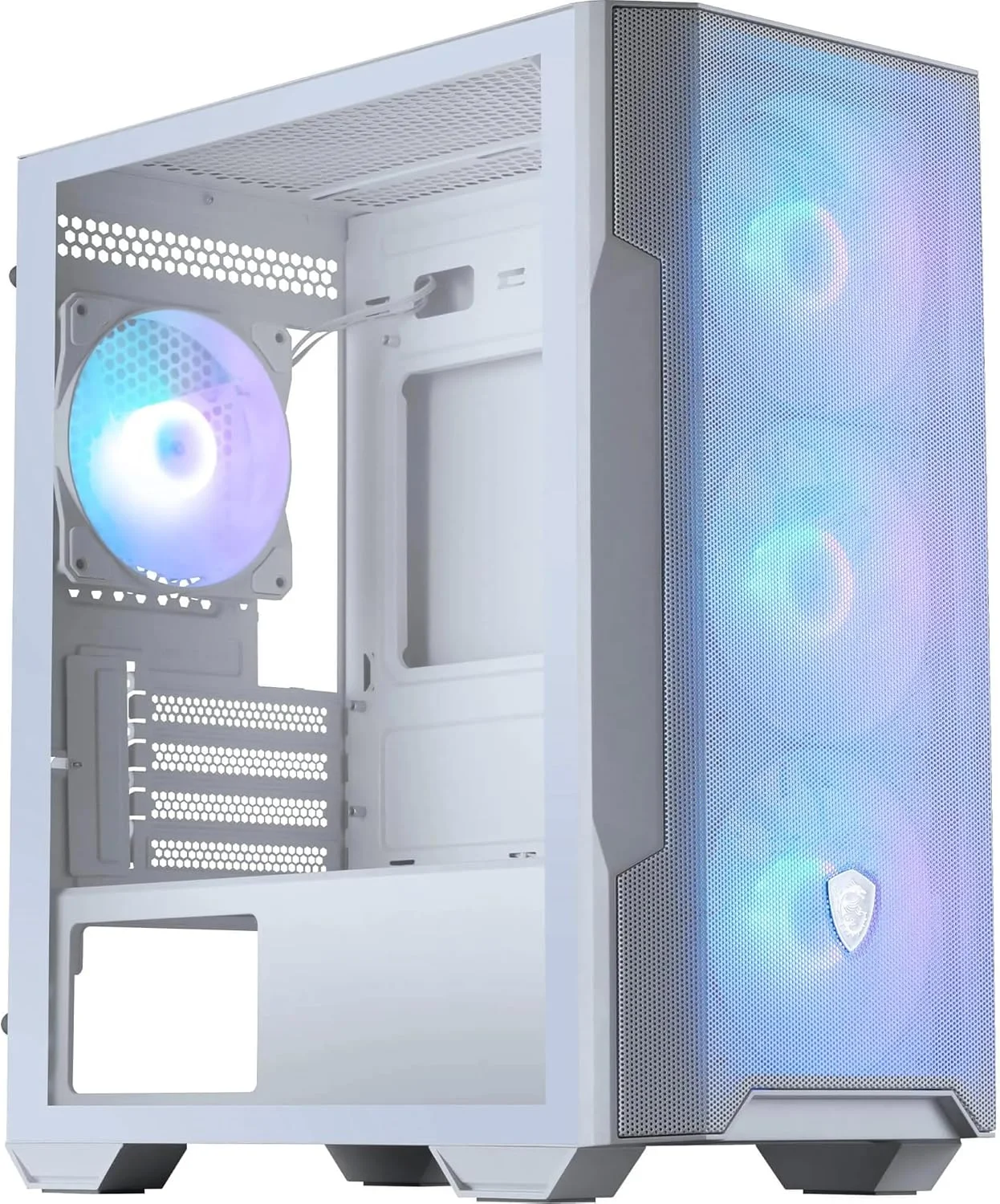 کیس کامپیوتر MSI MAG Forge M100R Micro ATX Tower: دارای 4 اسلات توسعه، حداکثر طول کارت گرافیک 11.81 اینچ، 3 عدد فن 120 میلی متری از پیش نصب شده در جلو، 1 عدد فن 120 میلی متری در عقب - سفید